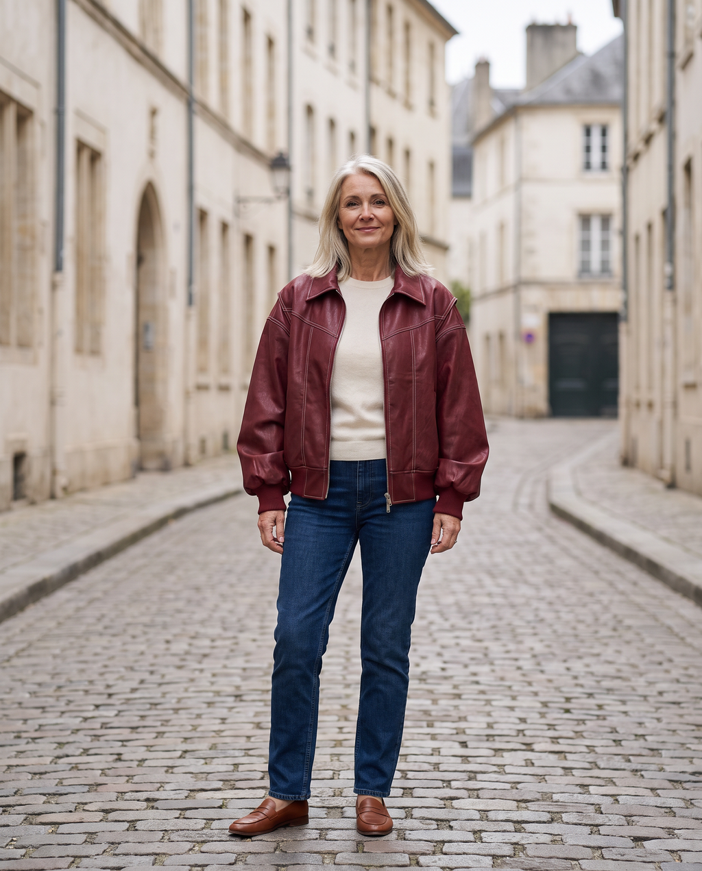 Oversized Colorblock Windbreaker Jacket in Cherry, worn open over a cream knit, front view