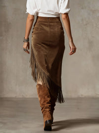 Front view of the western fringed suede skirt