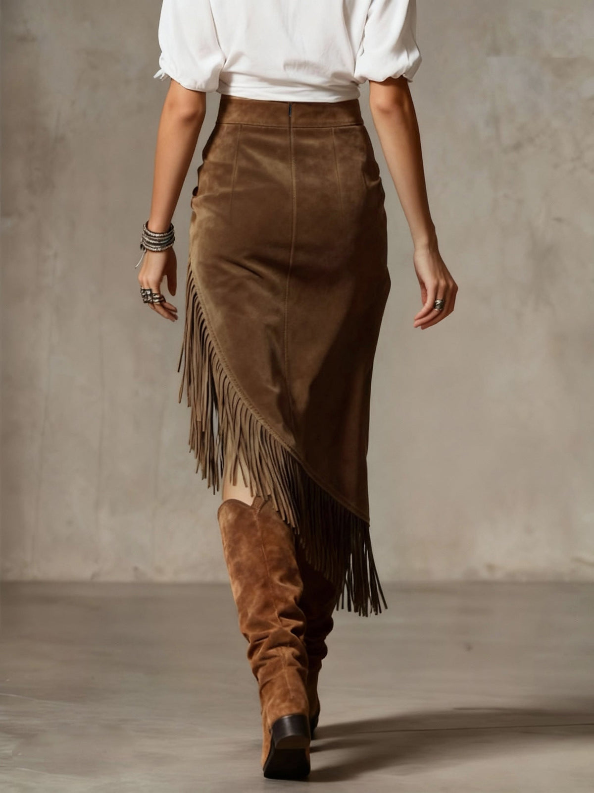 Front view of the western fringed suede skirt