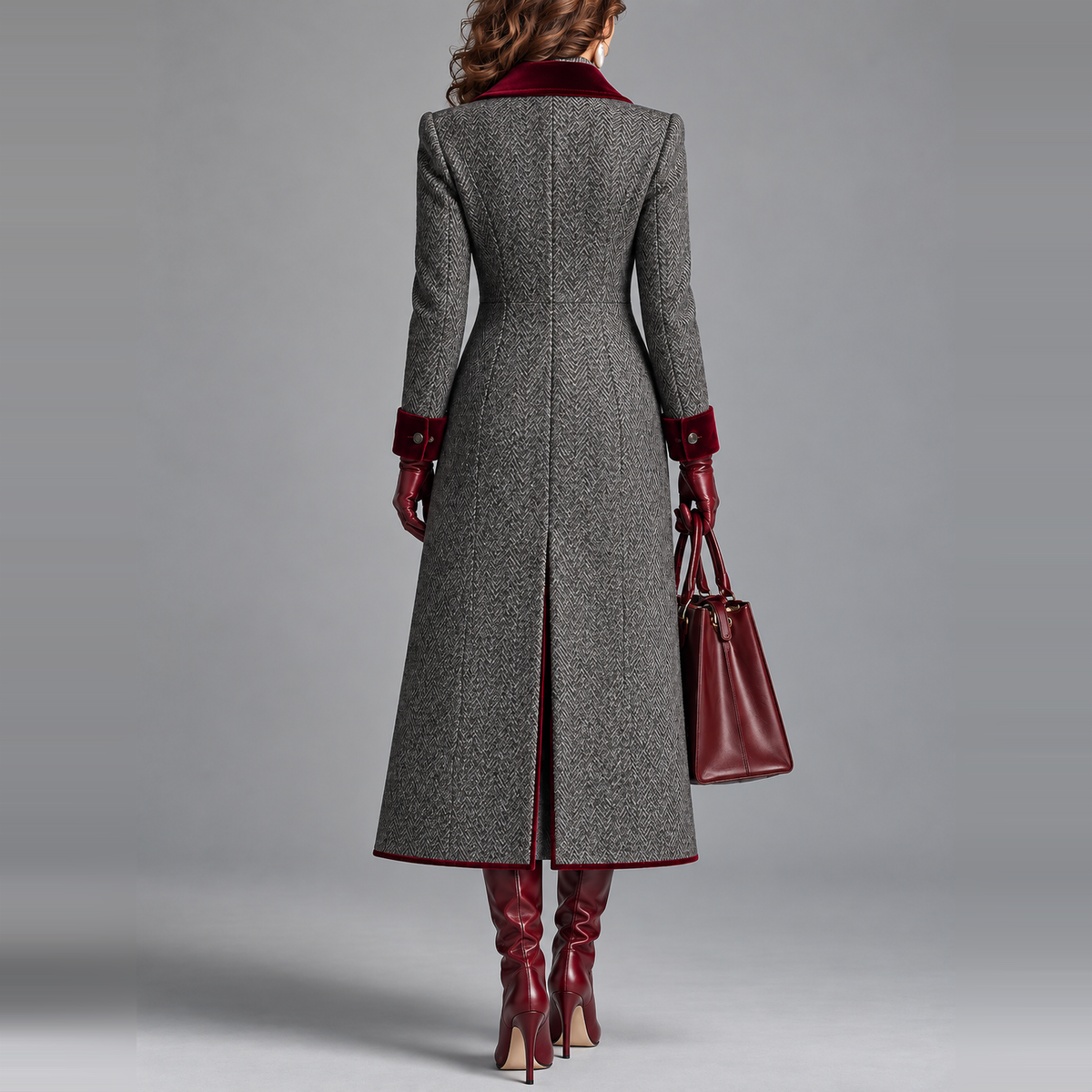 The Heritage | Elegant Herringbone Wool Long Coat with Velvet Trim
