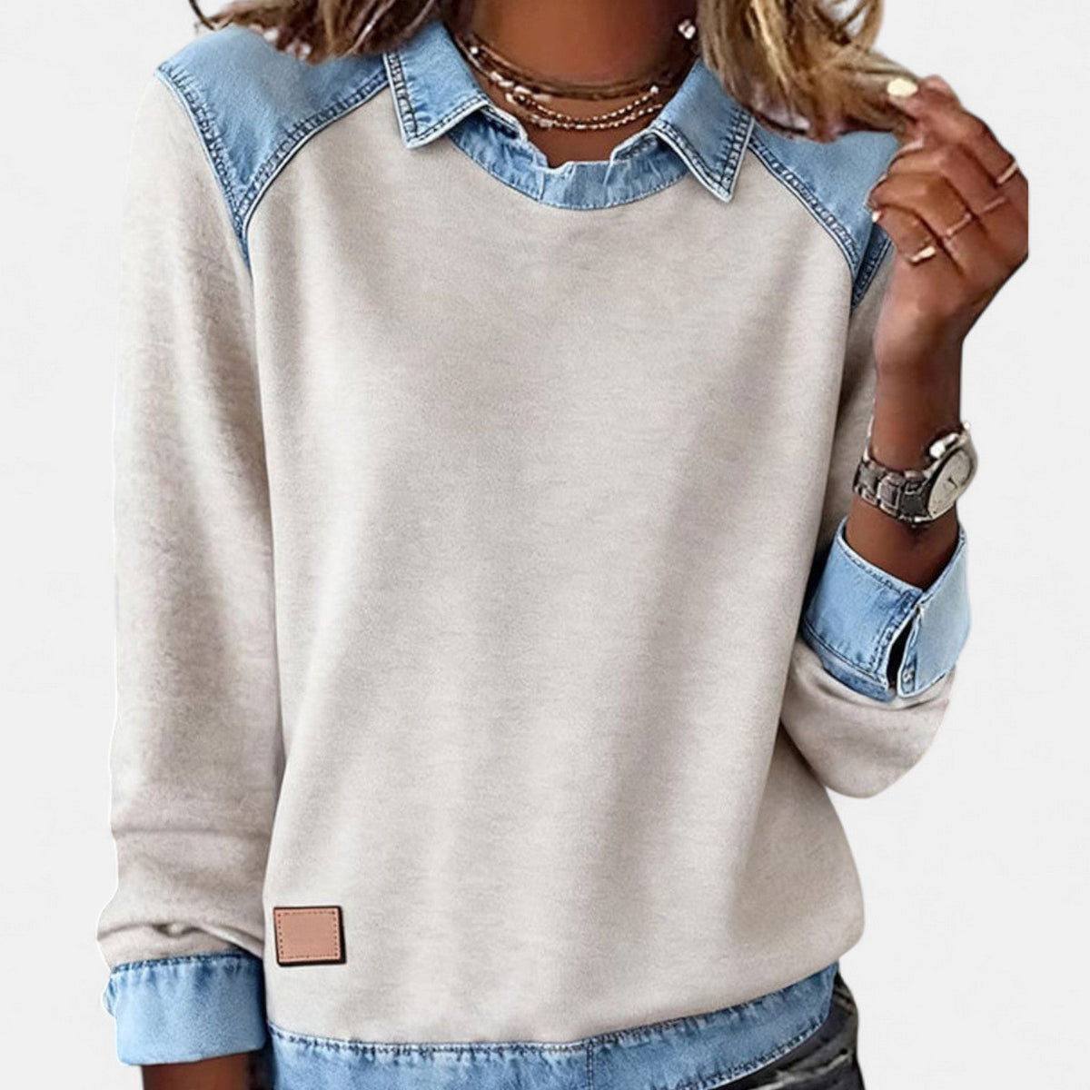 Effortless Denim Patchwork Sweatshirt for Women with Collared Raglan Long Sleeve Relaxed Casual Style - Susan & Anne
