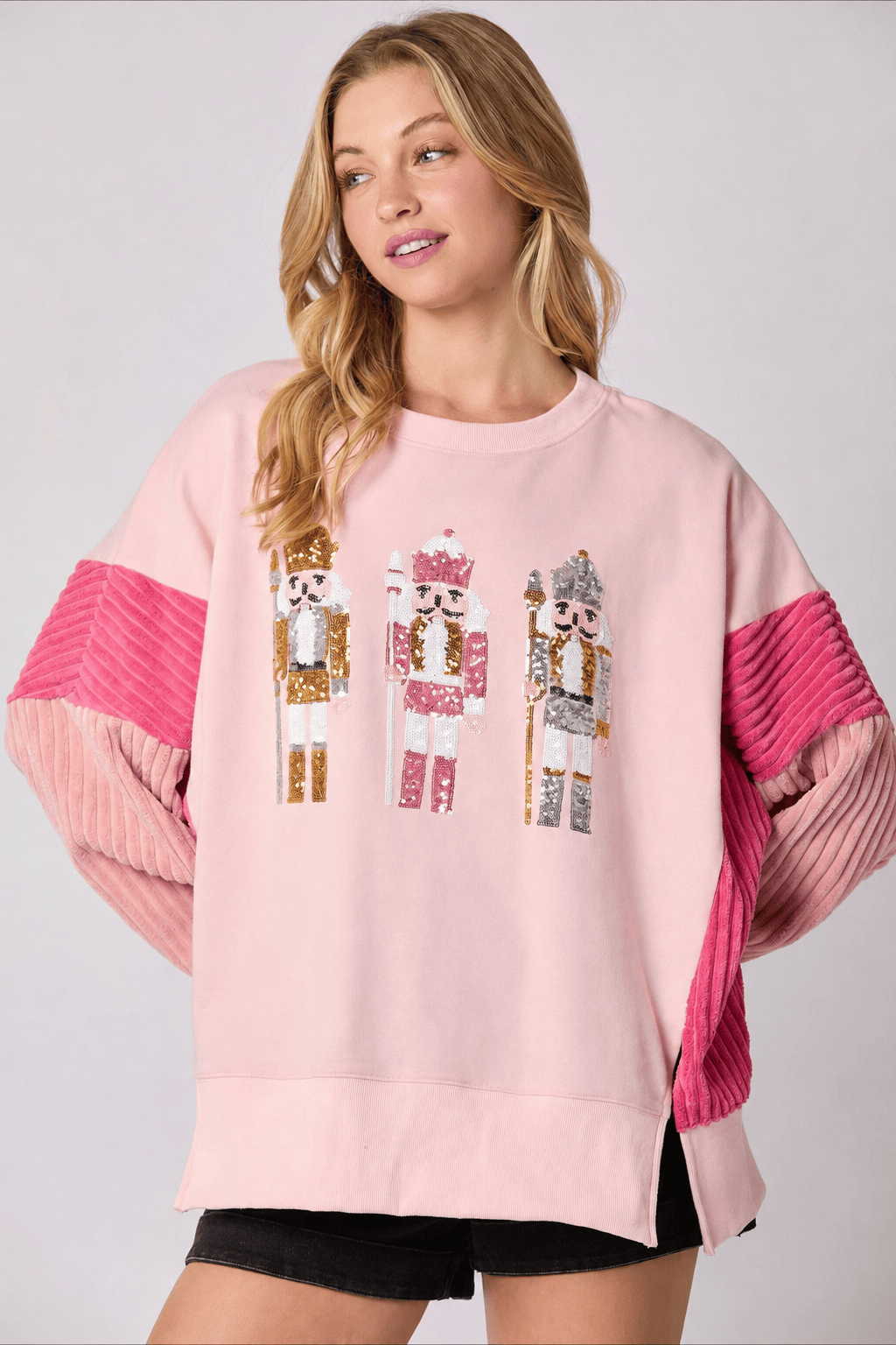 Back view of the sequin toy soldier crew neck sweatshirt
