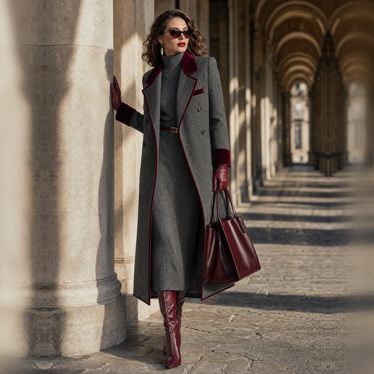 The Heritage | Elegant Herringbone Wool Long Coat with Velvet Trim