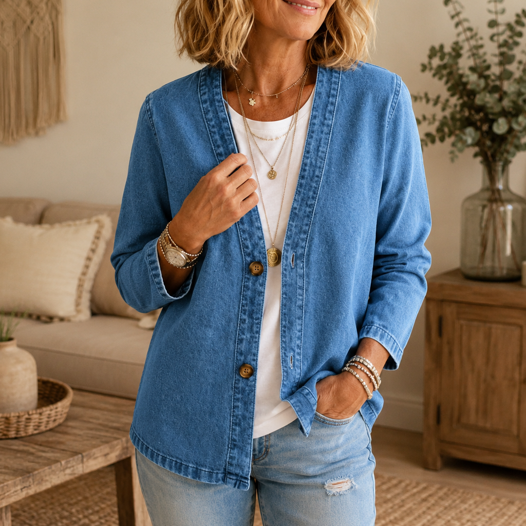 Collarless Soft-Denim-Look Button-Down Cardigan - Susan & Anne