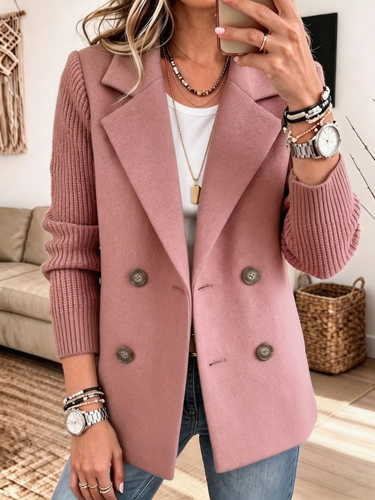 Knit-Sleeve Double-Breasted Blazer – Susan & Anne