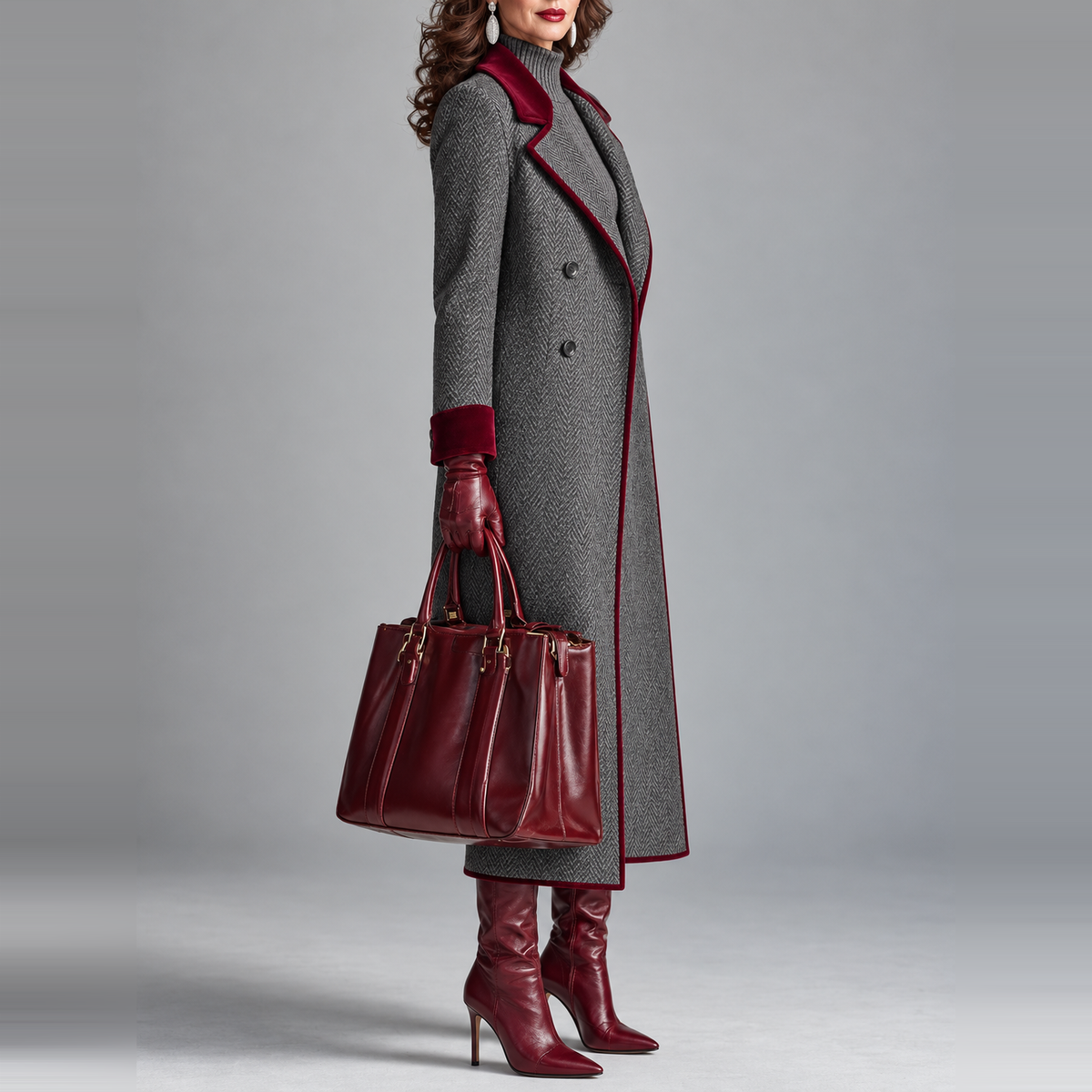 The Heritage | Elegant Herringbone Wool Long Coat with Velvet Trim