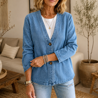 Collarless Soft-Denim-Look Button-Down Cardigan - Susan & Anne