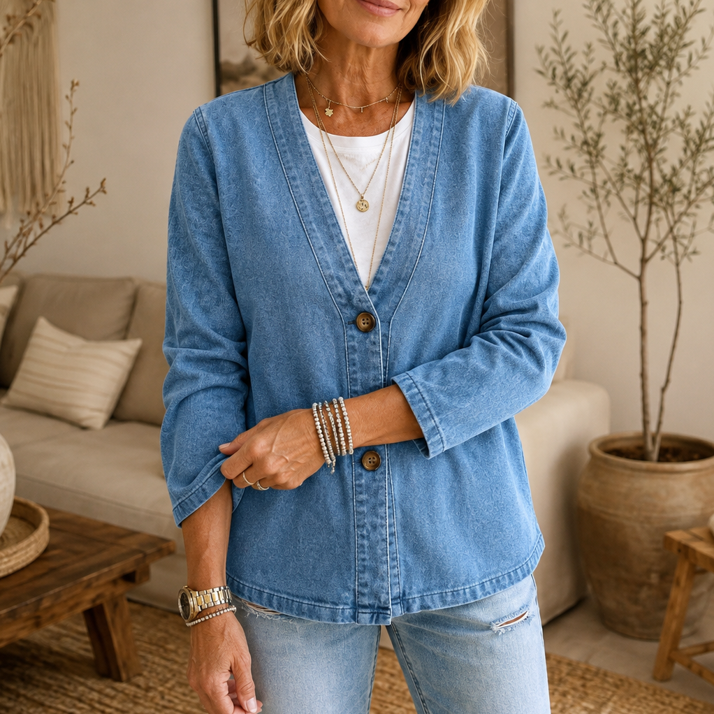 Collarless Soft-Denim-Look Button-Down Cardigan - Susan & Anne