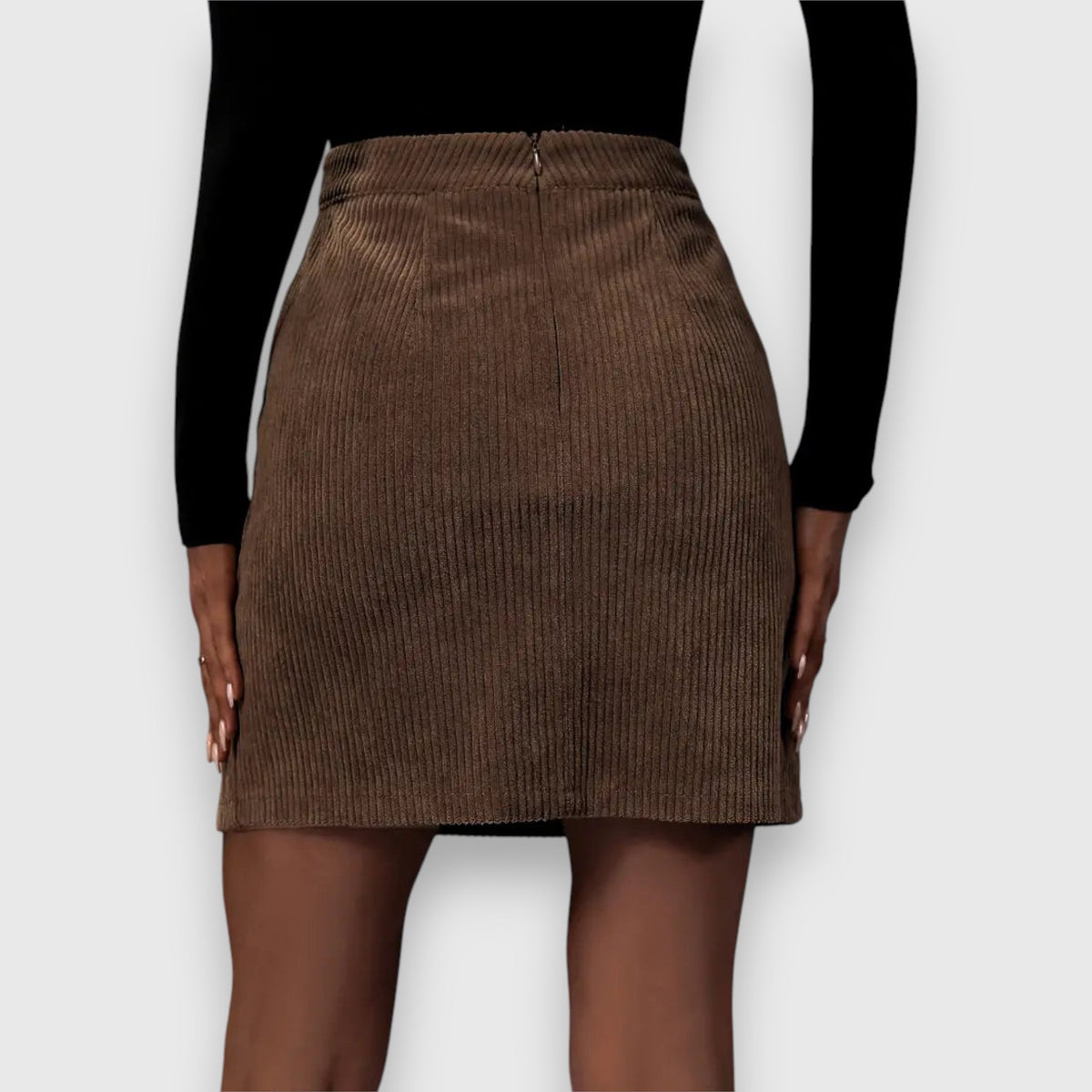 Stylish Brown Mini Skirt for Women with High Waist Corduroy Textured Front Split Fitted Casual Style - Susan & Anne