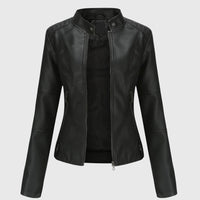 Woman wearing the chic faux leather jacket