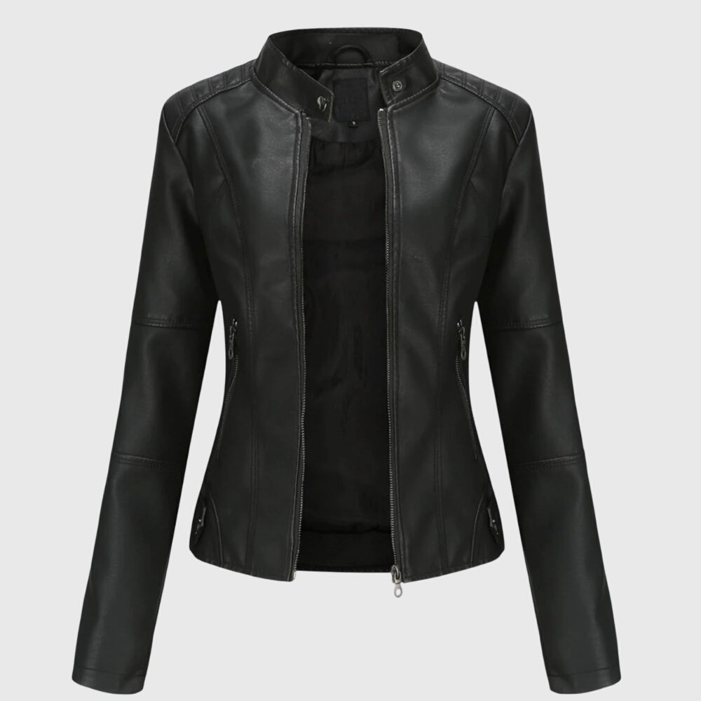 Woman wearing the chic faux leather jacket