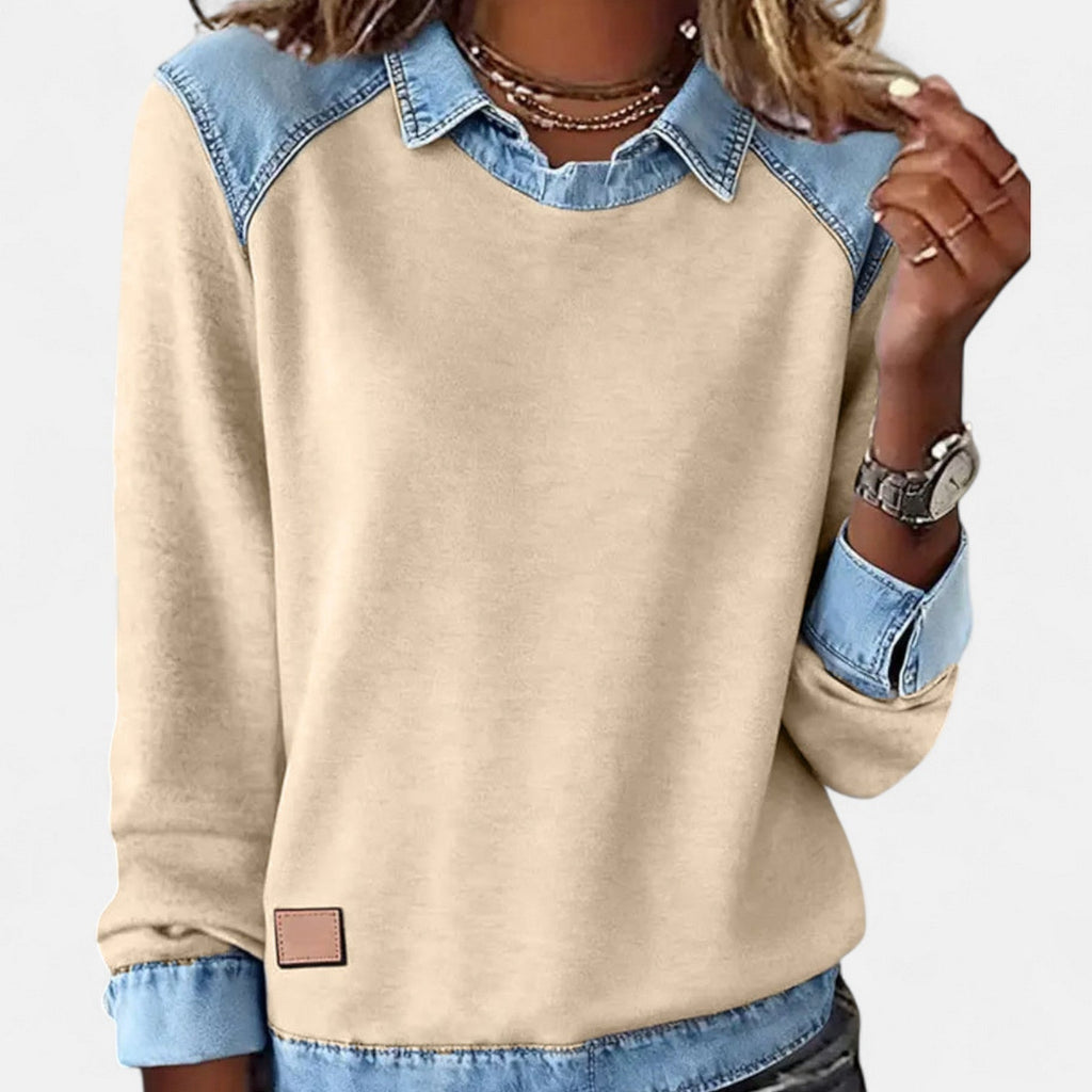 Effortless Denim Patchwork Sweatshirt for Women with Collared Raglan Long Sleeve Relaxed Casual Style - Susan & Anne