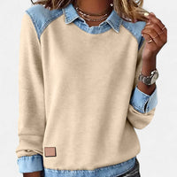 Effortless Denim Patchwork Sweatshirt for Women with Collared Raglan Long Sleeve Relaxed Casual Style - Susan & Anne