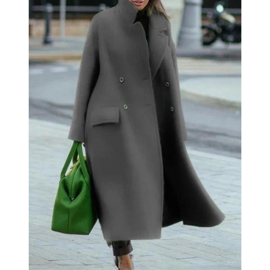 Elegant Wool Trench Coat for Women with Stand Collar Long Sleeve Double Breasted Maxi Style - Susan & Anne