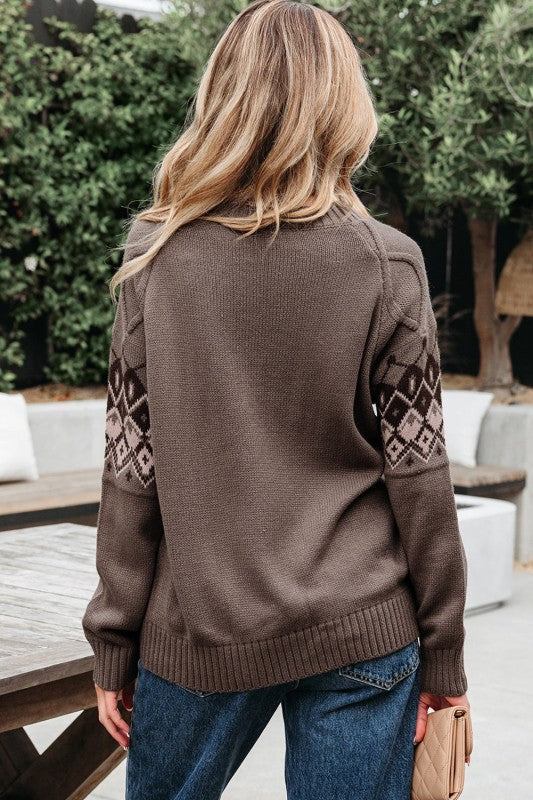 Western Geometric Crew Neck Knitted Sweater