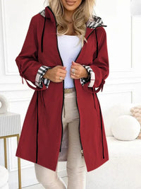Hooded Drawstring Long Coat with Plaid Lining – Susan & Anne