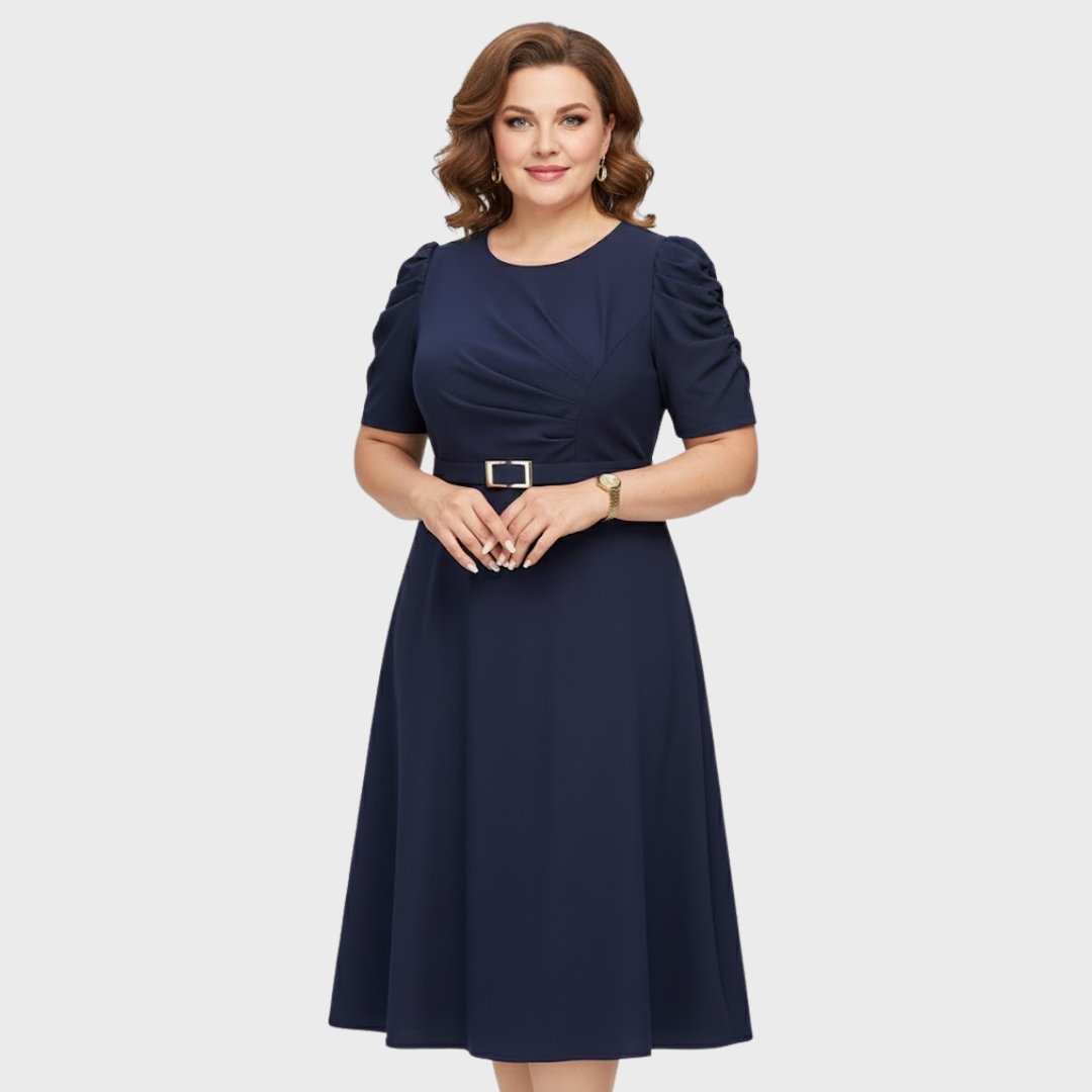 Front view of the harriet bloom soft-touch ruched midi dress
