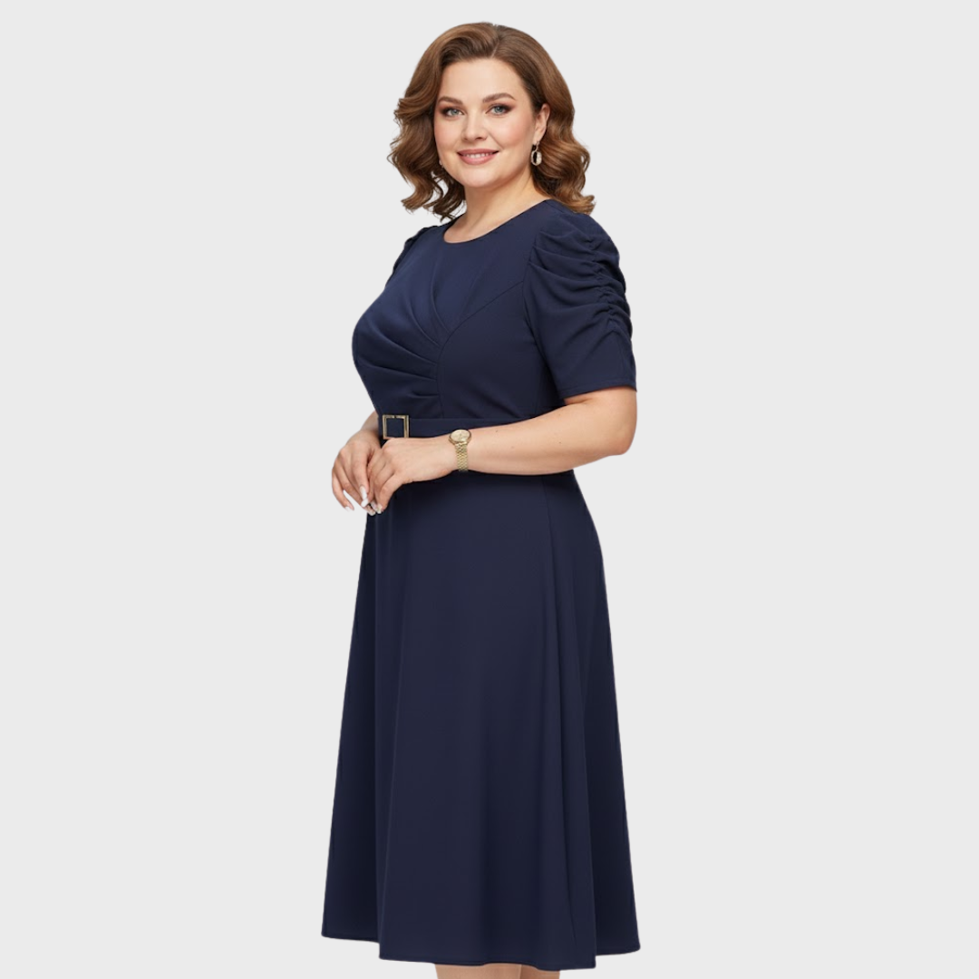 Woman wearing the harriet bloom soft-touch ruched midi dress