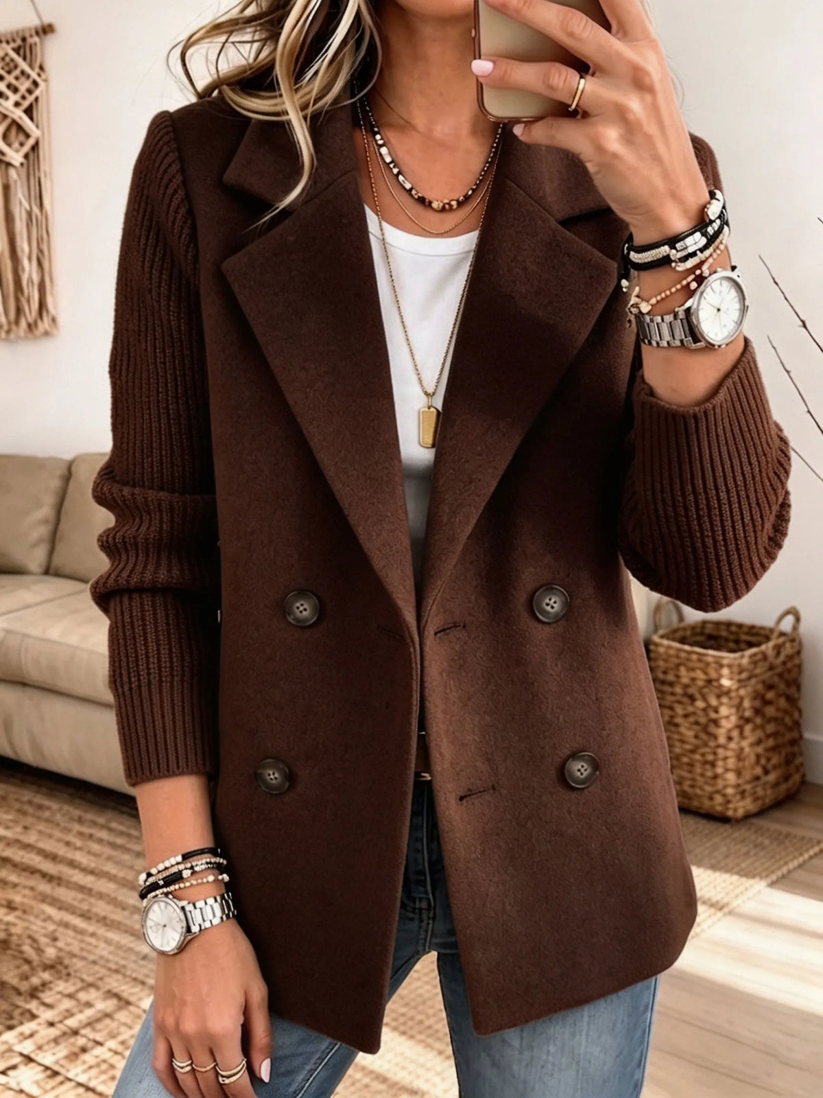 Knit-Sleeve Double-Breasted Blazer – Susan & Anne