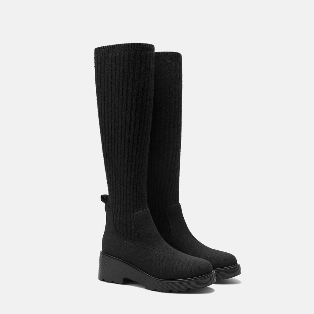 Eduarda – Knee-High Knit Wedge Boots - Black