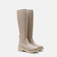 Eduarda – Knee-High Knit Wedge Boots - Oatmilk