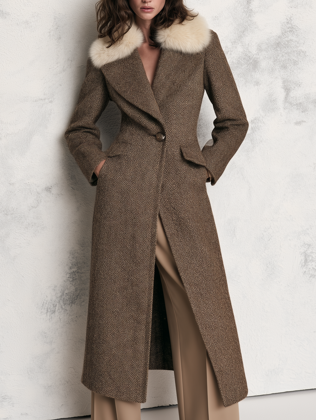 Woman wearing the herringbone wool blend long coat with faux fur collar