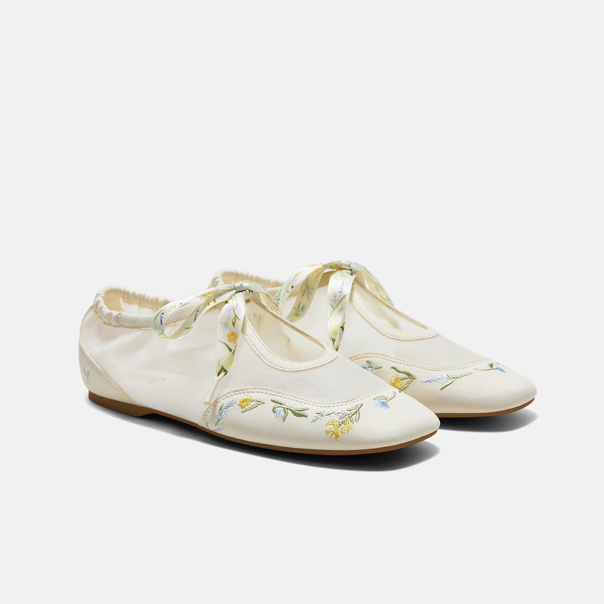 Ciara – Square-Toe Organza Sneakerinas - Cream Floral Embroidery