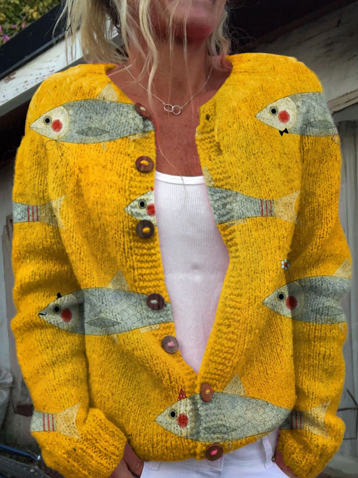 Fish Print Vintage Knit Cardigan - Susan & Anne