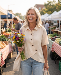 Lightweight Linen Shirt in Beige, worn at a farmers market