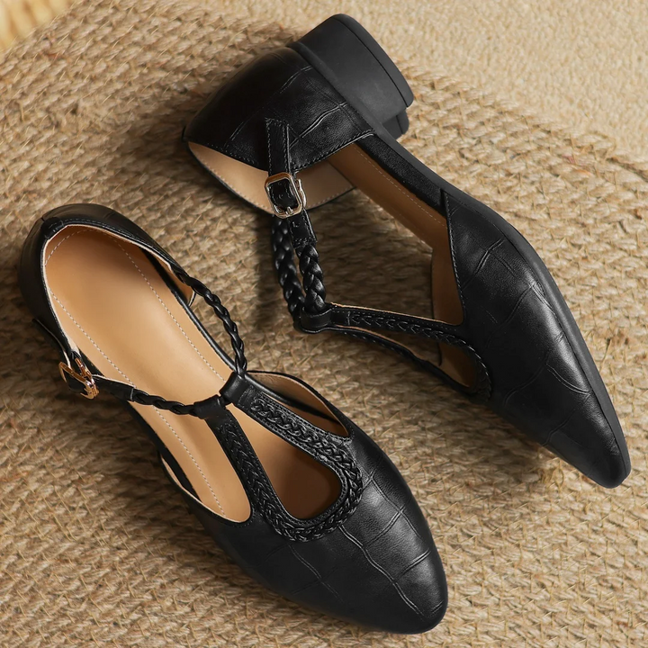 Margot - Leather T-Strap Mary Jane Flats Pointed Toe Flat