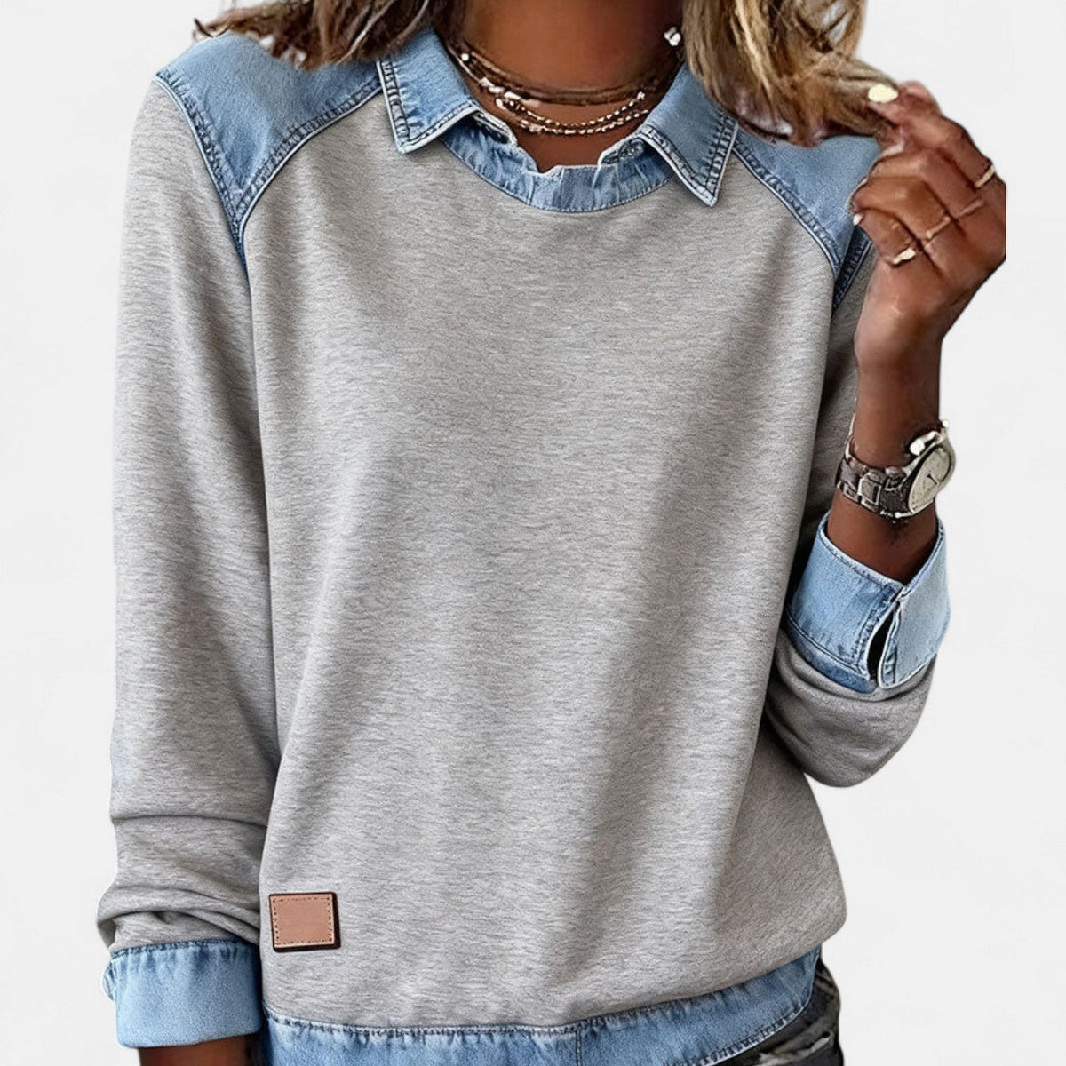 Effortless Denim Patchwork Sweatshirt for Women with Collared Raglan Long Sleeve Relaxed Casual Style - Susan & Anne