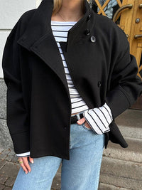 Elegant Wool Pea Coat for Women with Stand Collar Long Sleeve Oversized Button Front Winter Style - Susan & Anne