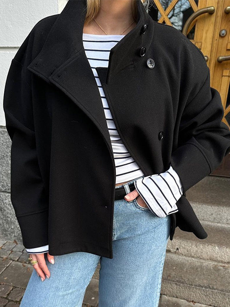 Elegant Wool Pea Coat for Women with Stand Collar Long Sleeve Oversized Button Front Winter Style - Susan & Anne