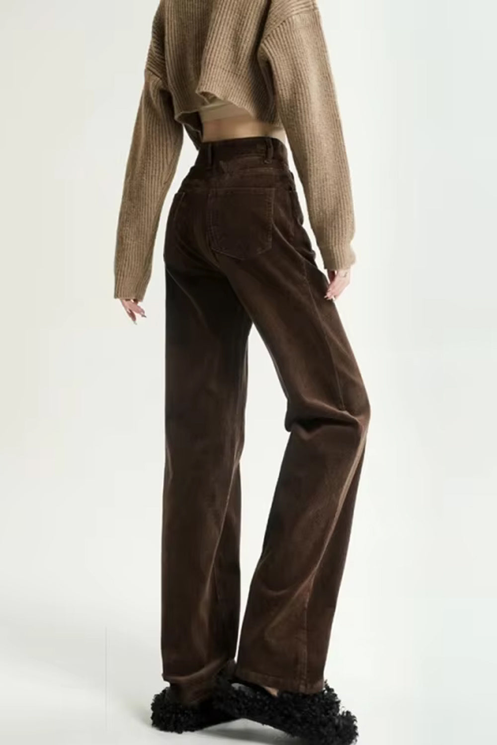 High Waist Retro Coffee Colors Corduroy Long Pants - view 5