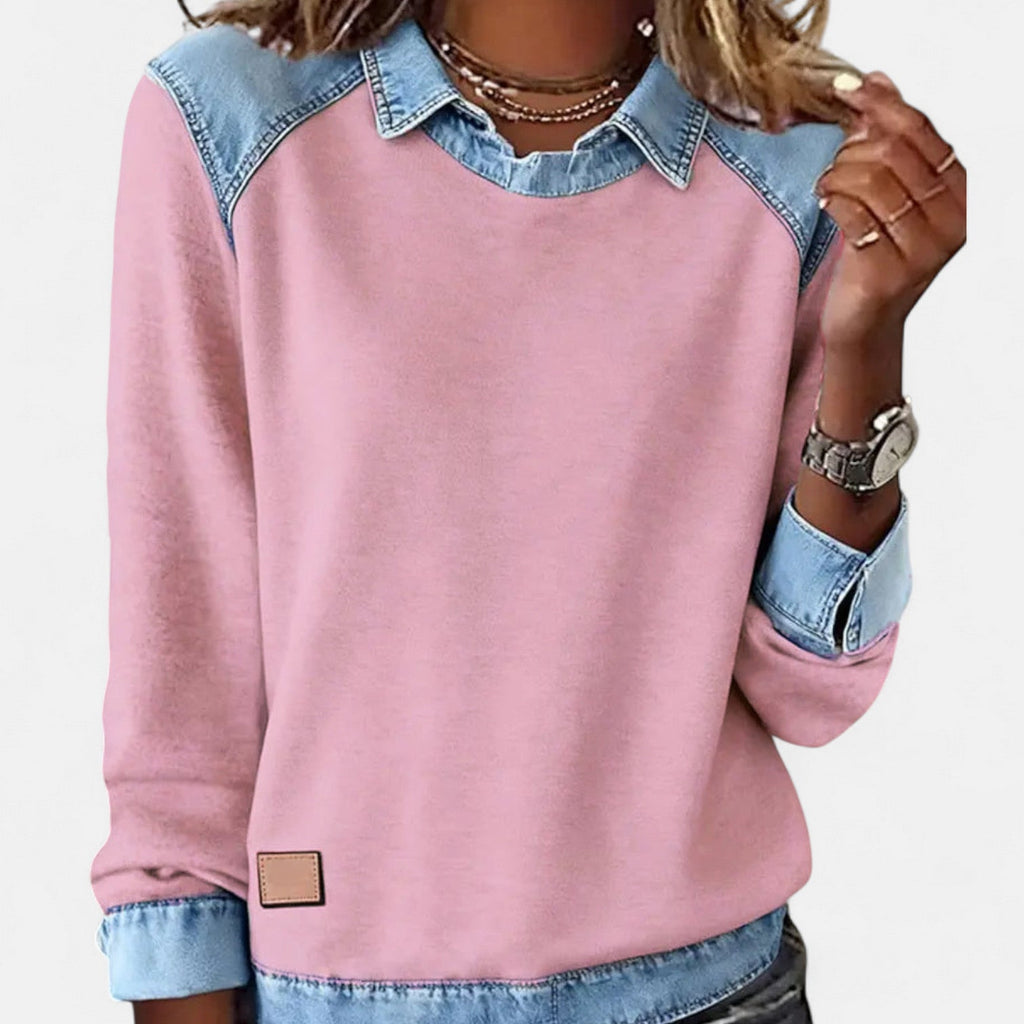 Effortless Denim Patchwork Sweatshirt for Women with Collared Raglan Long Sleeve Relaxed Casual Style - Susan & Anne