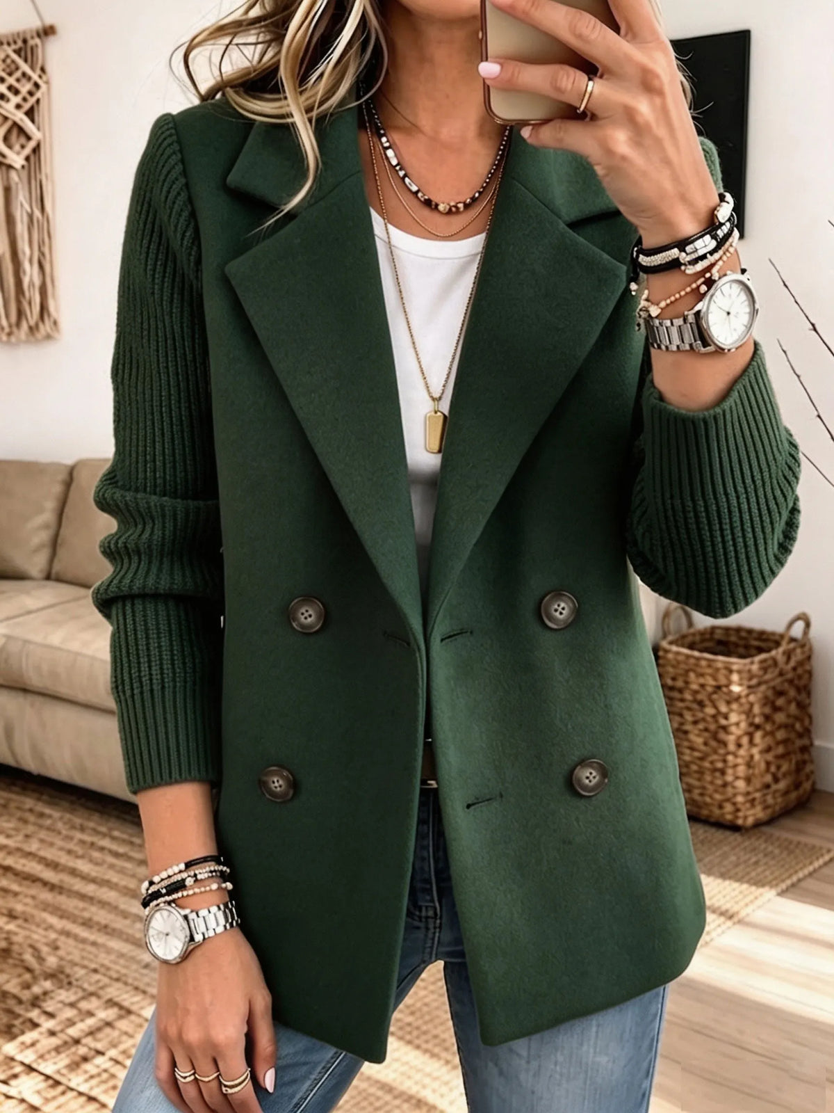 Knit-Sleeve Double-Breasted Blazer – Susan & Anne