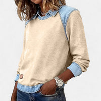 Effortless Denim Patchwork Sweatshirt for Women with Collared Raglan Long Sleeve Relaxed Casual Style - Susan & Anne