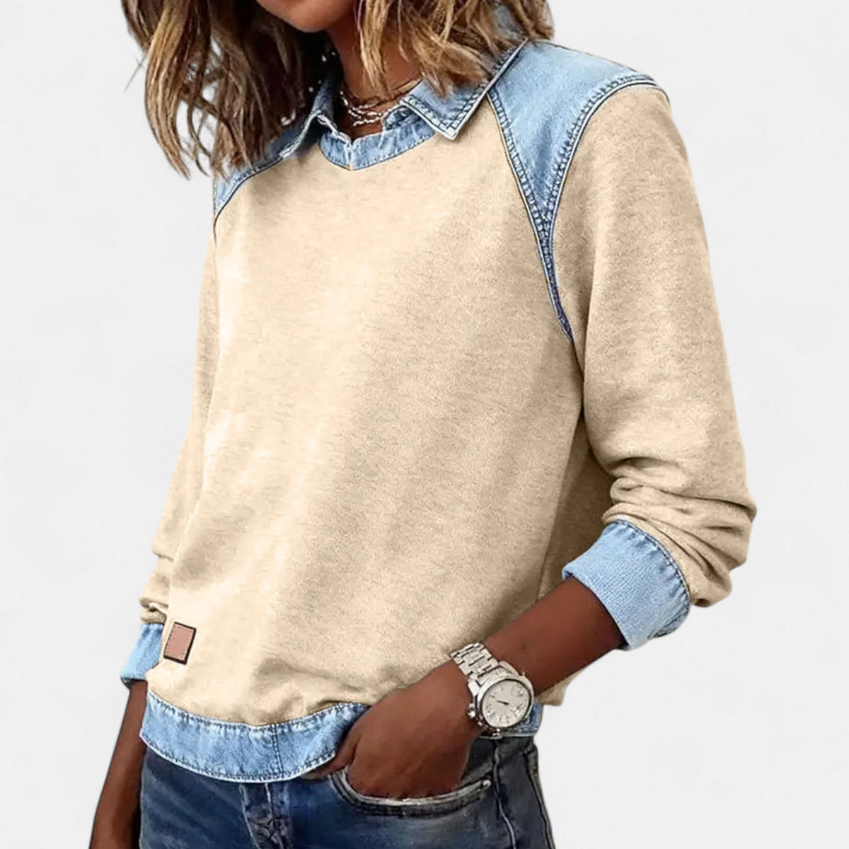 Effortless Denim Patchwork Sweatshirt for Women with Collared Raglan Long Sleeve Relaxed Casual Style - Susan & Anne