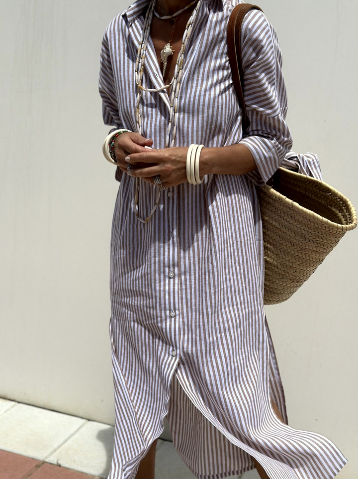 Lisa -  Classic Striped Lace-Up Shirt Dress