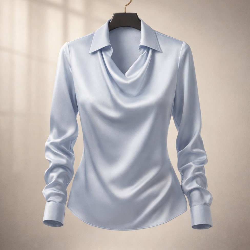Back view of the isola draped satin blouse