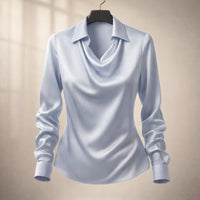 Back view of the isola draped satin blouse