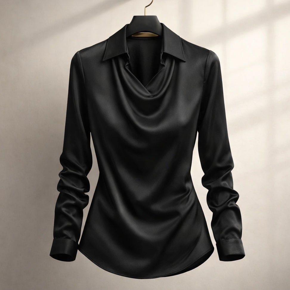 Close-up of the isola draped satin blouse