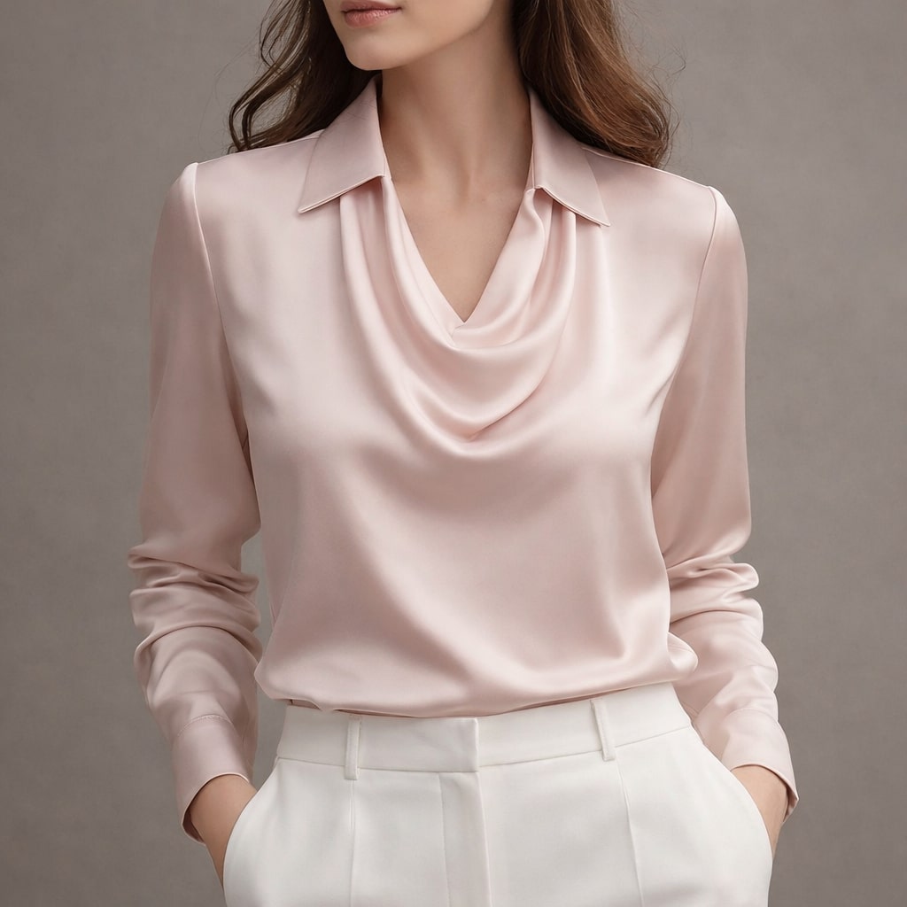 Front view of the isola draped satin blouse