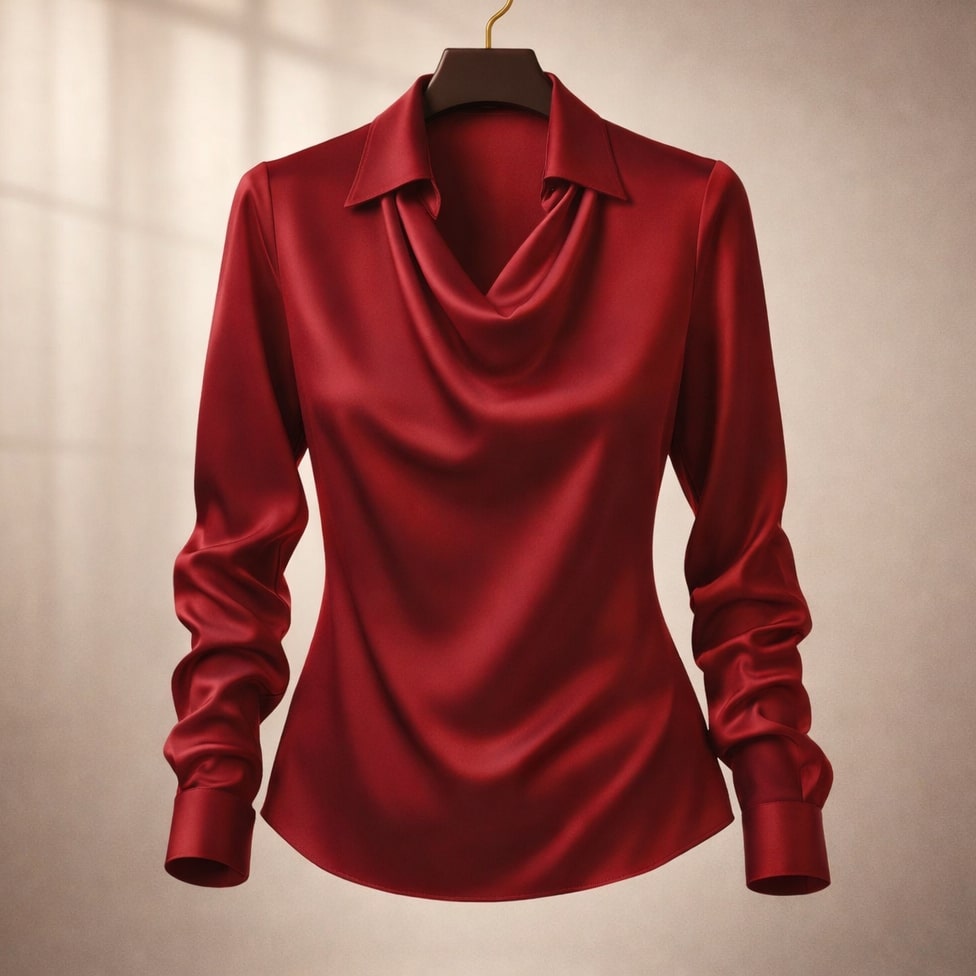 Woman wearing the isola draped satin blouse