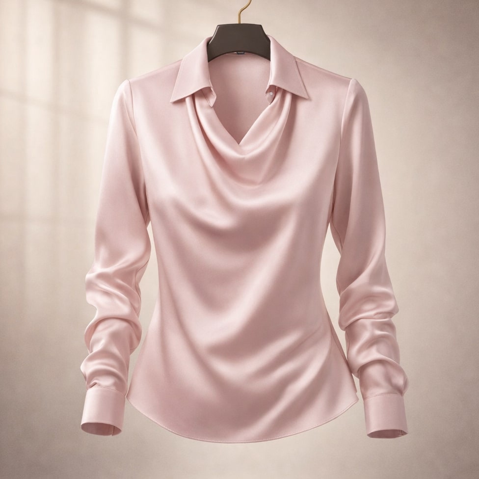 Front view of the isola draped satin blouse