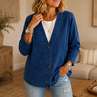 Collarless Soft-Denim-Look Button-Down Cardigan - Susan & Anne
