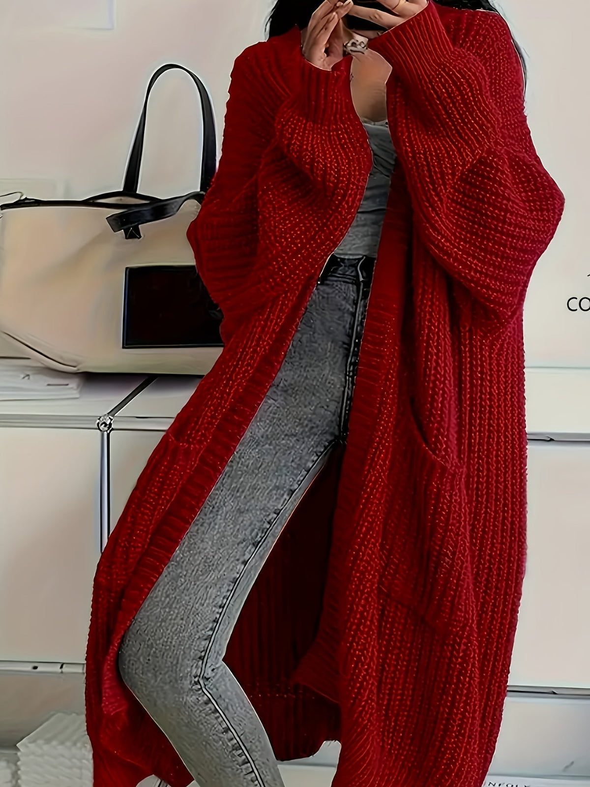 Detail of the rosalienne soft-touch longline cardigan