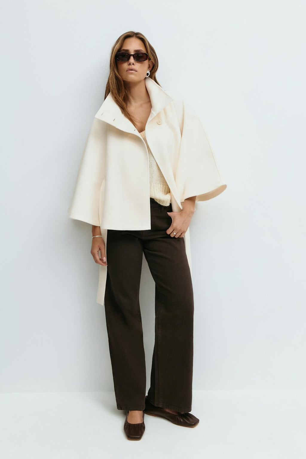 Elegant Wool Jacket for Women with Funnel Neck Batwing Sleeve Belted Cape Style - Susan & Anne