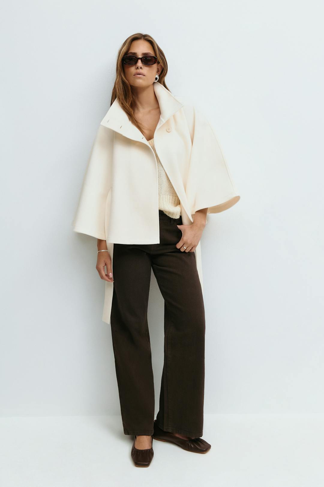 Elegant Wool Jacket for Women with Funnel Neck Batwing Sleeve Belted Cape Style - Susan & Anne