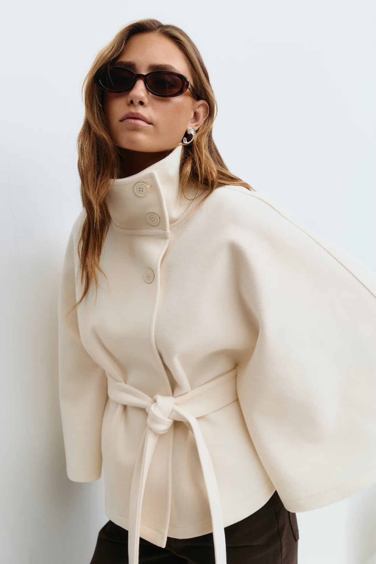 Elegant Wool Jacket for Women with Funnel Neck Batwing Sleeve Belted Cape Style - Susan & Anne
